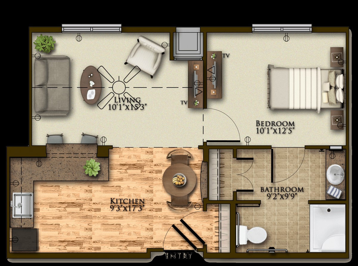 A floor plan of a one-bedroom apartment featuring a living room, kitchen, dining area, bathroom, and bedroom.