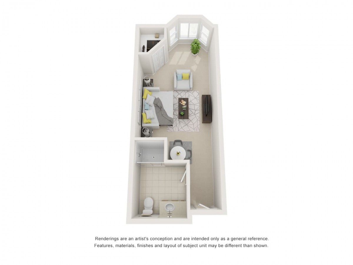 3D floor plan of a modern studio apartment with minimalistic design and essential furnishings.