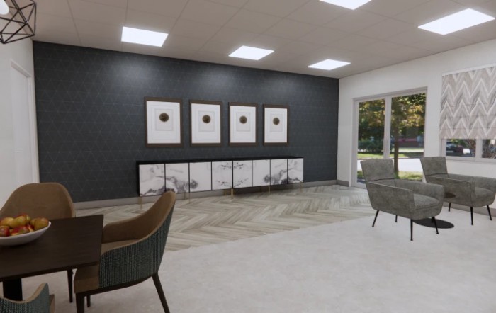A modern and minimalist living room featuring sleek furniture and contemporary artwork on a dark accent wall.