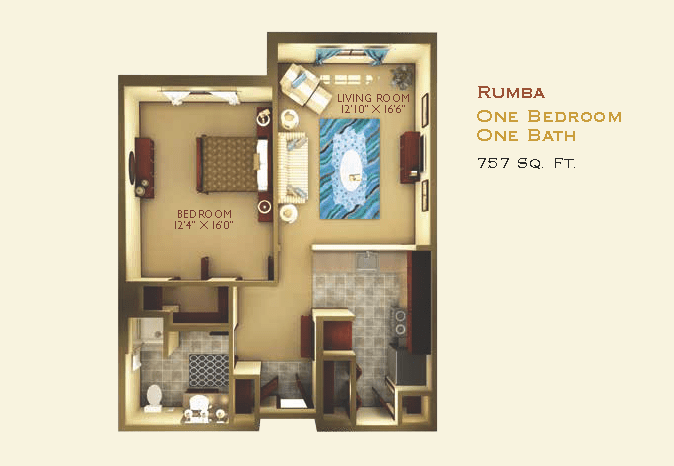 Floor plan of a one-bedroom, one-bathroom apartment with a living room and kitchen.