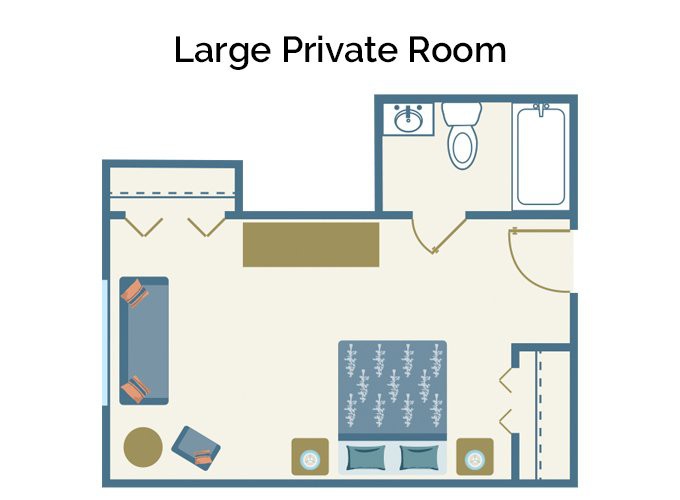 Floor plan of a large private room with furniture and bathroom layout.