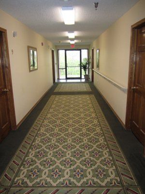 A carpeted hallway with doors on either side and a large window at the end.