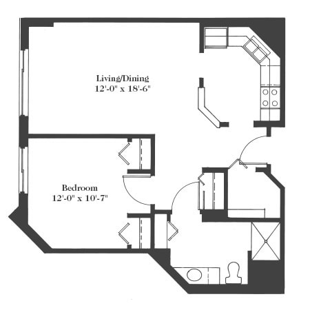 This is a floor plan of a one-bedroom apartment featuring a living area, kitchen, and bathroom.