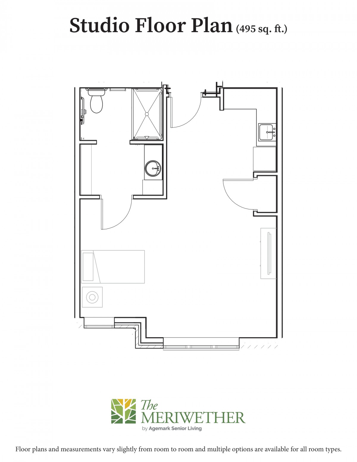 A simple floor plan of a small apartment, featuring a bathroom and an open living area.
