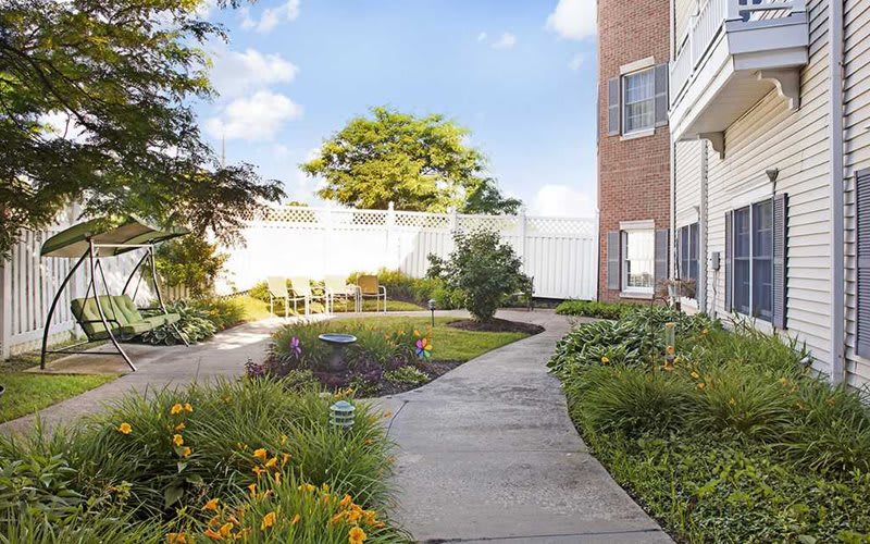 A peaceful garden with a curved pathway surrounded by lush greenery and flowers, adjacent to a building under a clear blue sky.