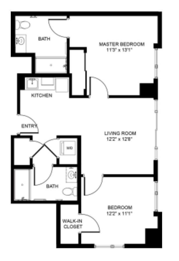 A floor plan of a two-bedroom apartment with labeled rooms.
