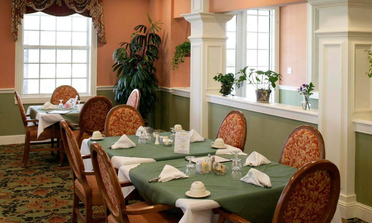 A cozy dining room with neatly set tables, adorned with plants and natural light.