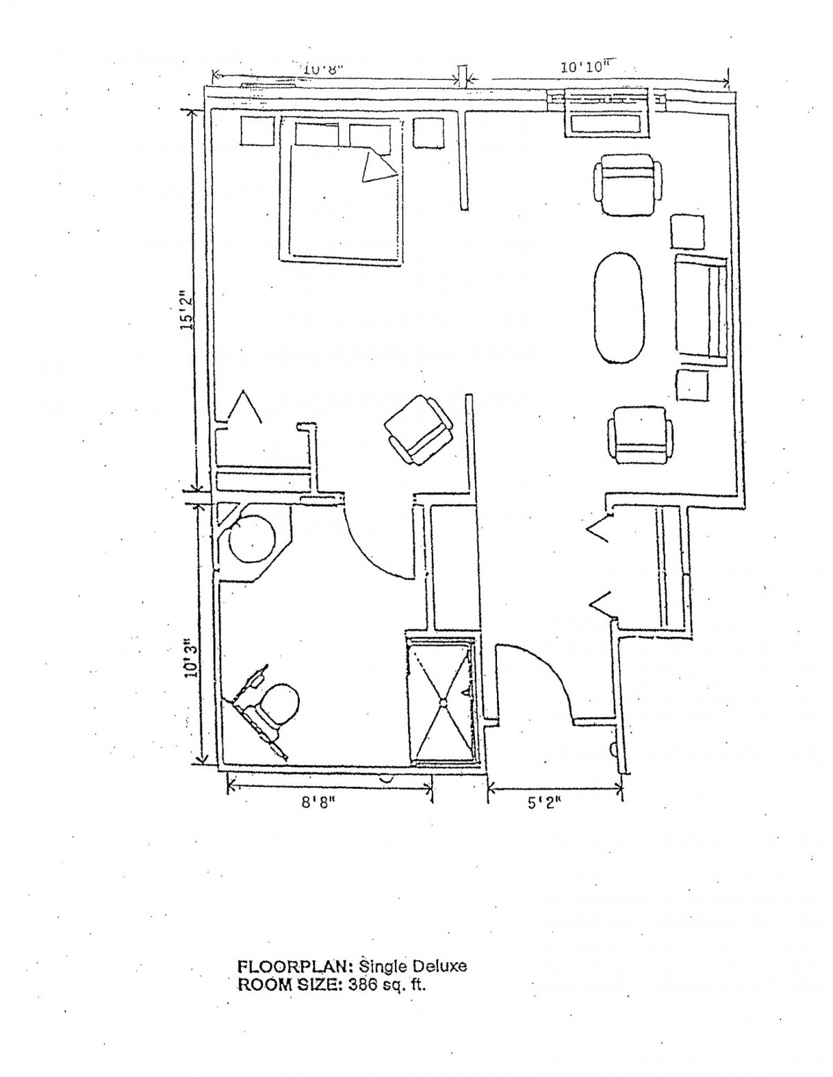 A simple floor plan of an apartment with labeled rooms and furnishings.