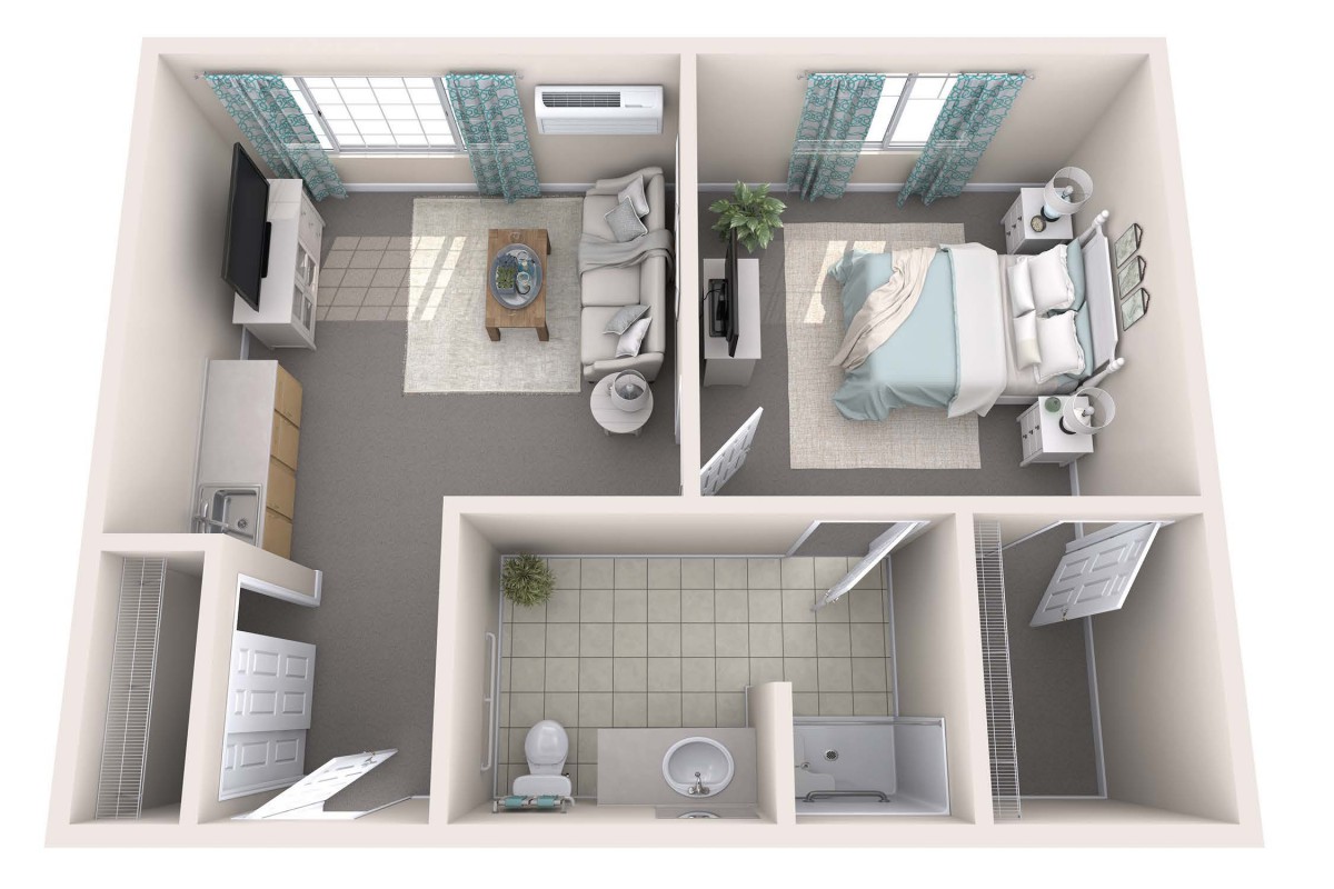 A 3D rendered floor plan of a small apartment featuring a living room, bedroom, bathroom, and kitchen.