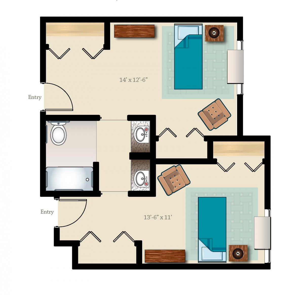 A floor plan of a two-bedroom apartment with shared bathroom and living space.