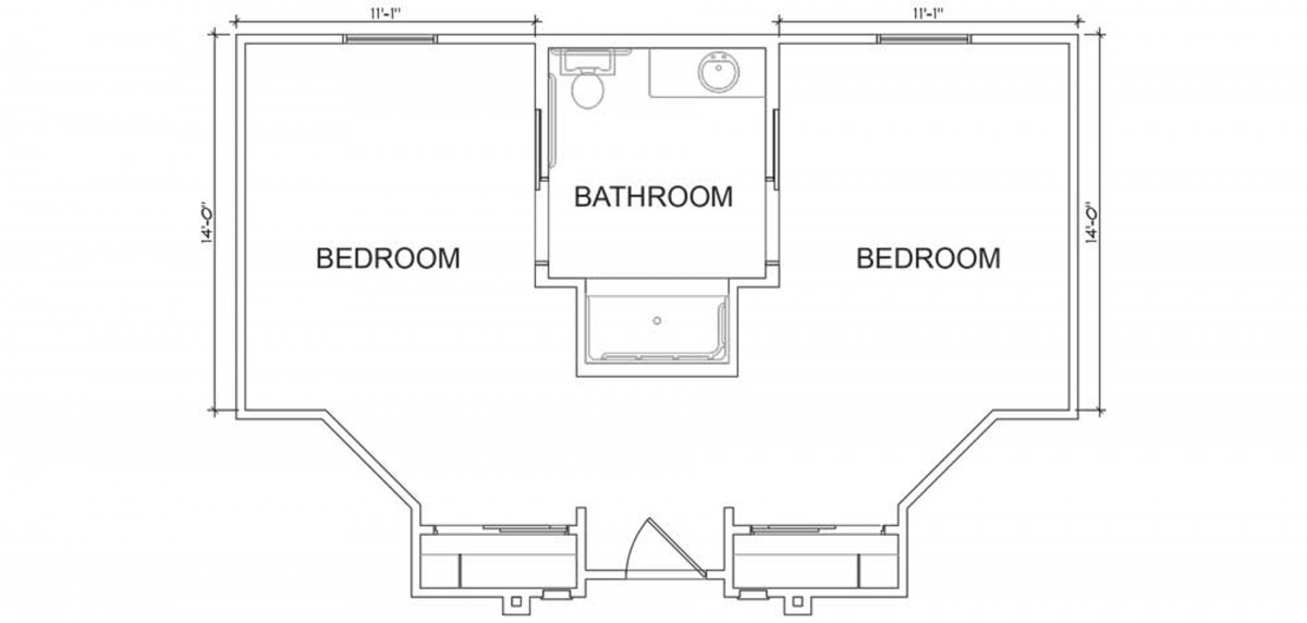 A floor plan featuring two bedrooms and a bathroom in the center.