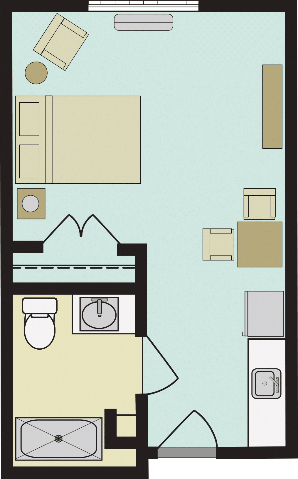 A floor plan of a compact studio apartment with designated areas for a bed, bathroom, kitchen, and living space.