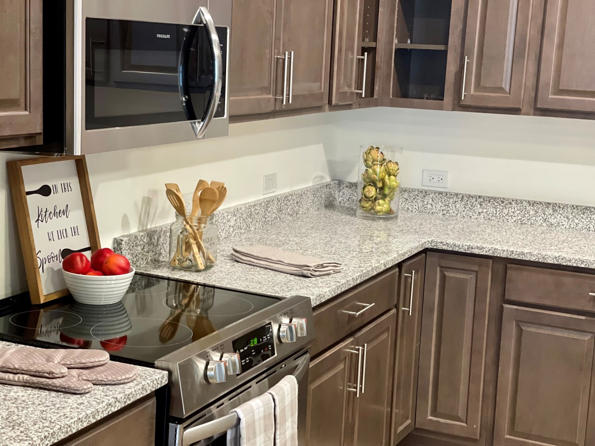 A modern kitchen featuring wooden cabinets, a sleek stove, and a microwave, with decorative items on the countertop.