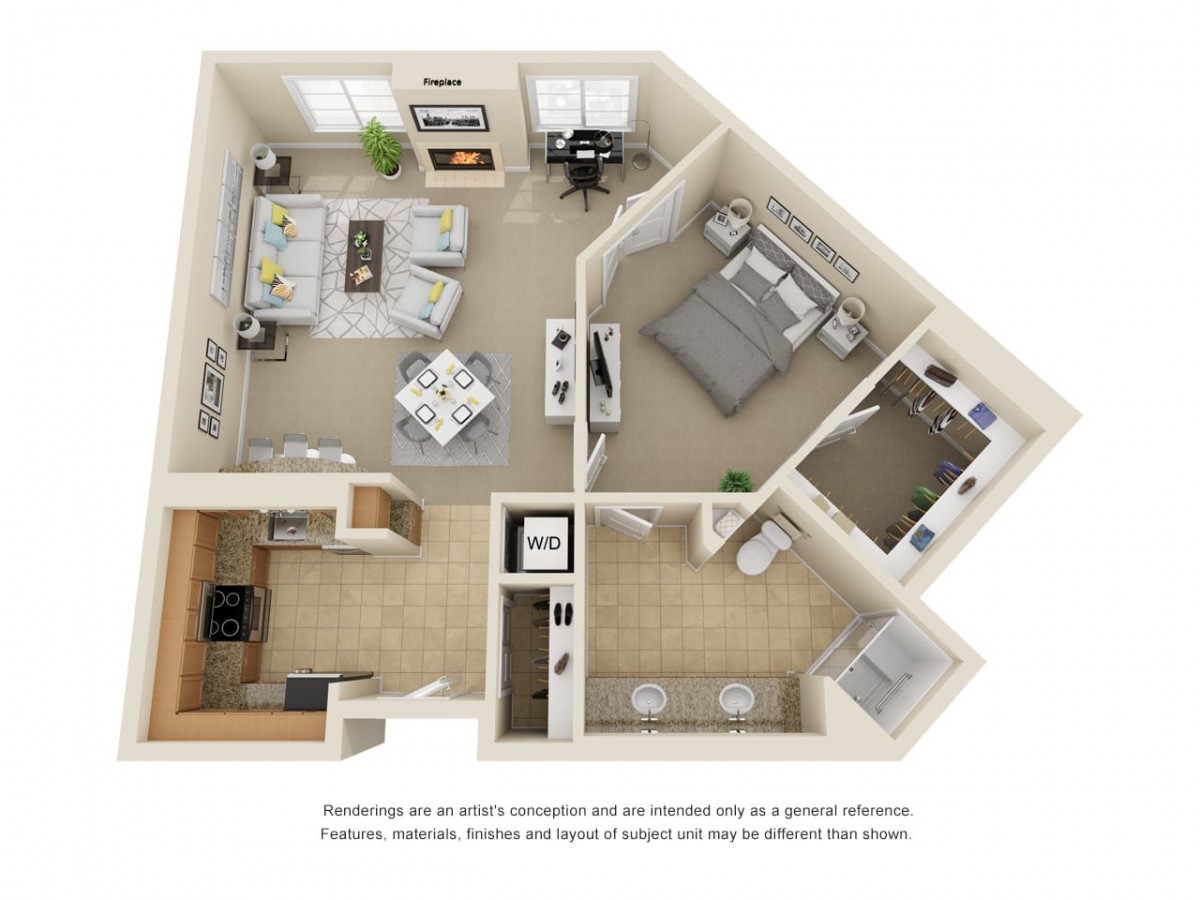 One-bedroom apartment floor plan with living room, kitchen, and bathroom.