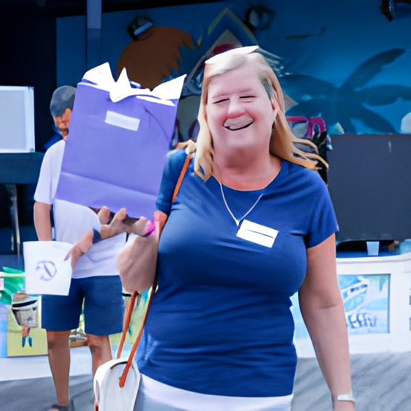 A woman smiling and holding a gift bag at an outdoor event.