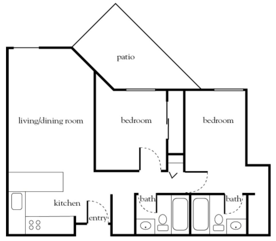 A floor plan showing the layout of an apartment with two bedrooms, two bathrooms, a kitchen, living/dining room, and a patio.
