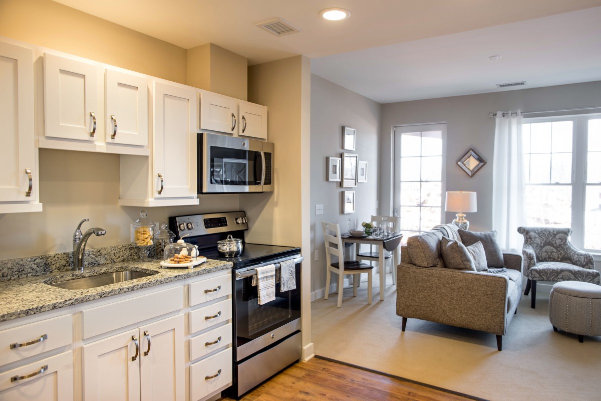 A modern open-concept apartment featuring a kitchen with white cabinets and stainless steel appliances, seamlessly transitioning into a cozy living area.