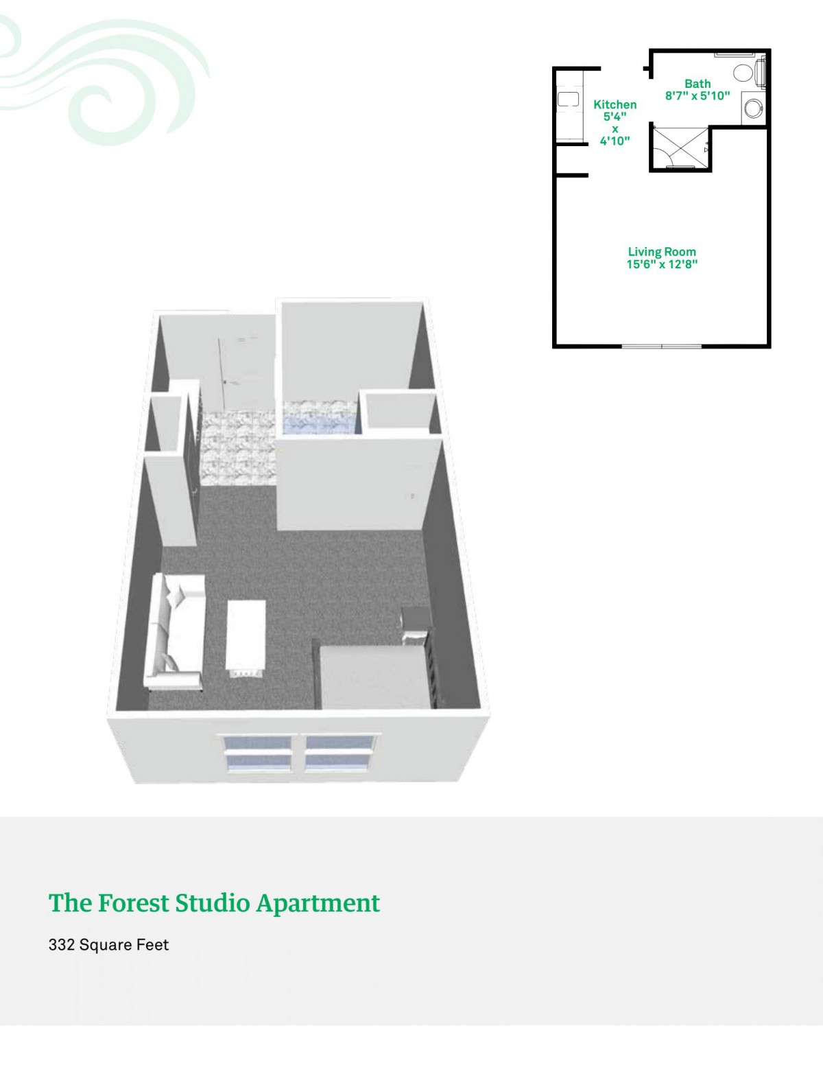 A 3D floor plan of a studio apartment, showcasing the layout of rooms and spaces.