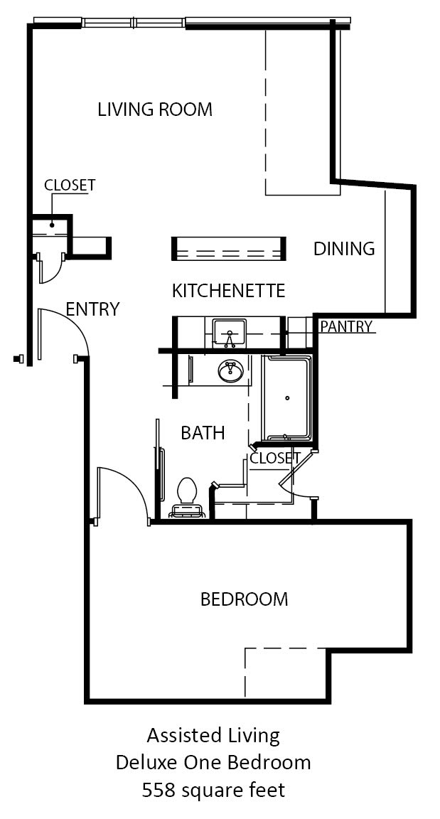 A floor plan showing a one-bedroom apartment with a kitchenette, dining area, bath, and closet.
