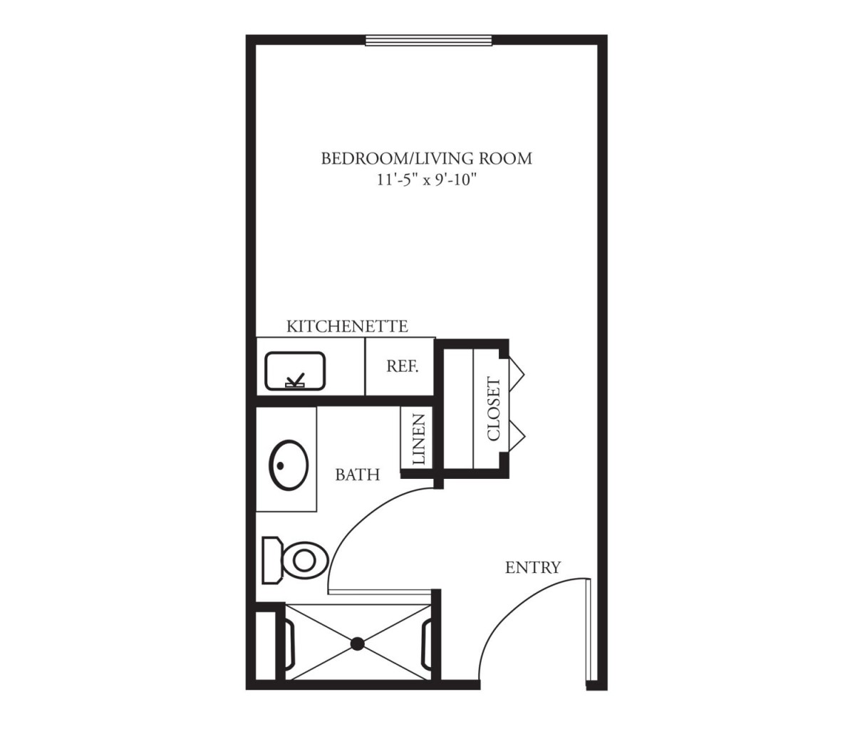 A floor plan of a studio apartment with a kitchenette, bathroom, and combined living/sleeping area.