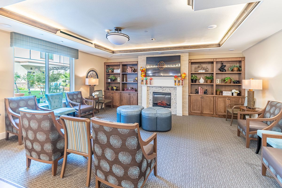 A modern living room with a fireplace and built-in bookshelves.