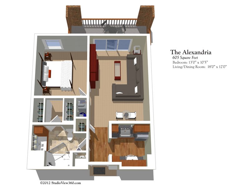 3D floor plan of a one-bedroom apartment named 'The Alexandria', featuring a modern kitchen and living area.