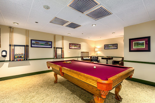 A cozy game room featuring a classic pool table with a rich purple felt.