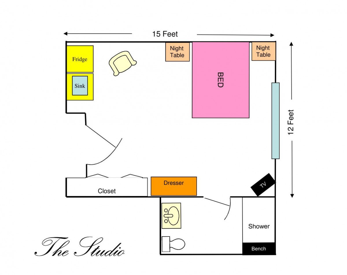 A floor plan of a studio apartment featuring a bed, closet, dresser, shower, fridge, and high tables.