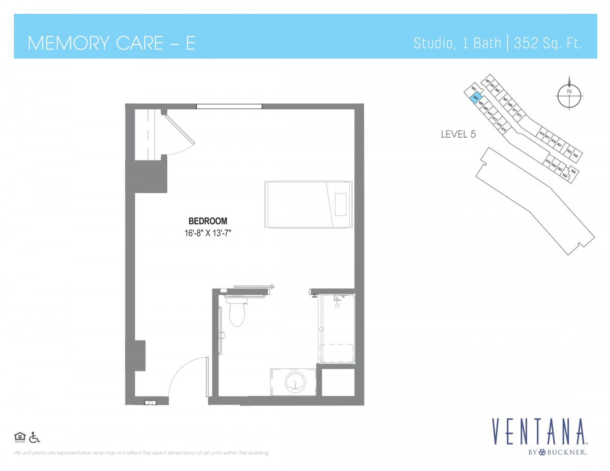 A studio apartment floor plan with designated areas for a bedroom and bathroom.
