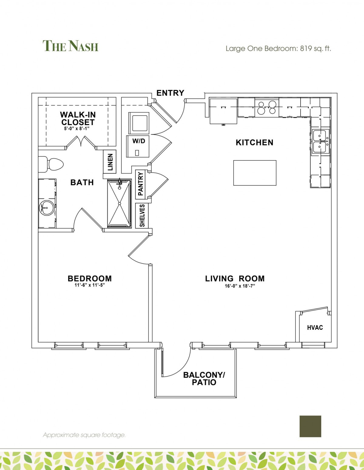 A floor plan of a one-bedroom apartment featuring a kitchen, living room, bathroom, closet, and balcony.