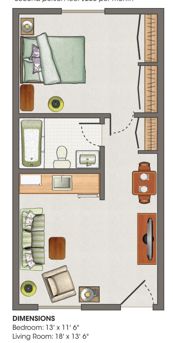 A floor plan of an apartment featuring a bathroom, kitchen, and living area.