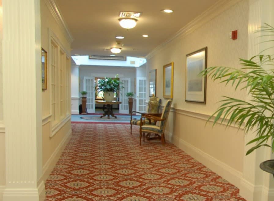 A well-lit hallway with patterned carpet and elegant decor, featuring framed art on the walls and a decorative plant at the end.