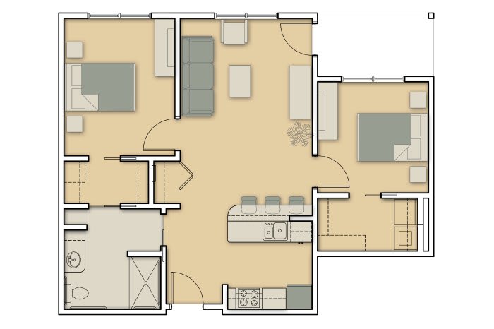 This image depicts a floor plan of an apartment showing the layout of rooms including living areas, kitchen, and bedrooms.
