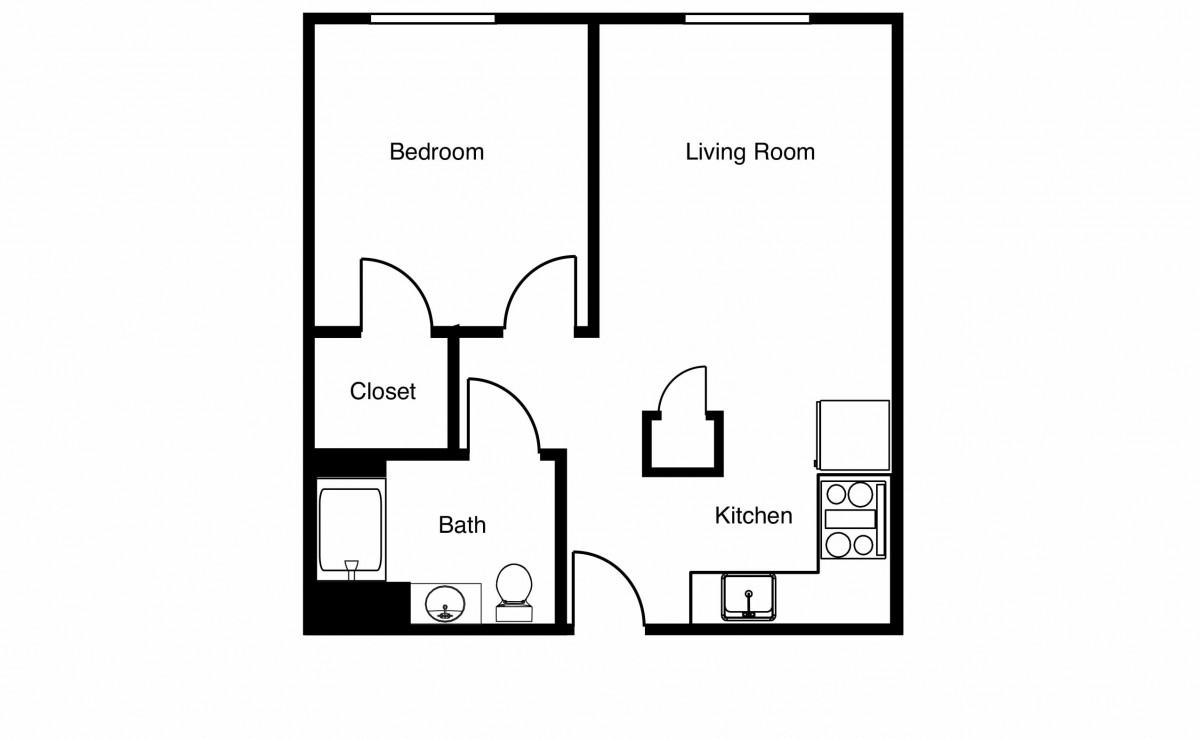 A floor plan of a one-bedroom apartment featuring a living room, kitchen, bathroom, and closet.
