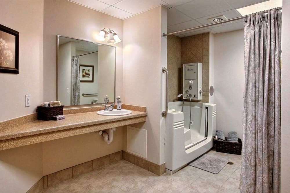 Accessible bathroom with a walk-in tub and spacious sink area.