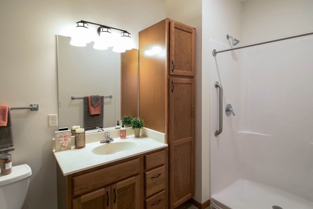 A well-lit bathroom with a sink, mirror, wooden cabinets, and a shower area.