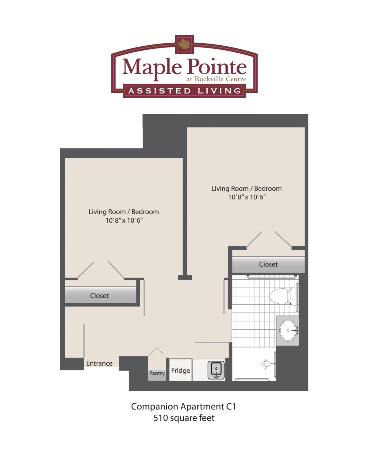 A floor plan of a one-bedroom assisted living apartment, featuring a living area, bedroom, and bathroom.