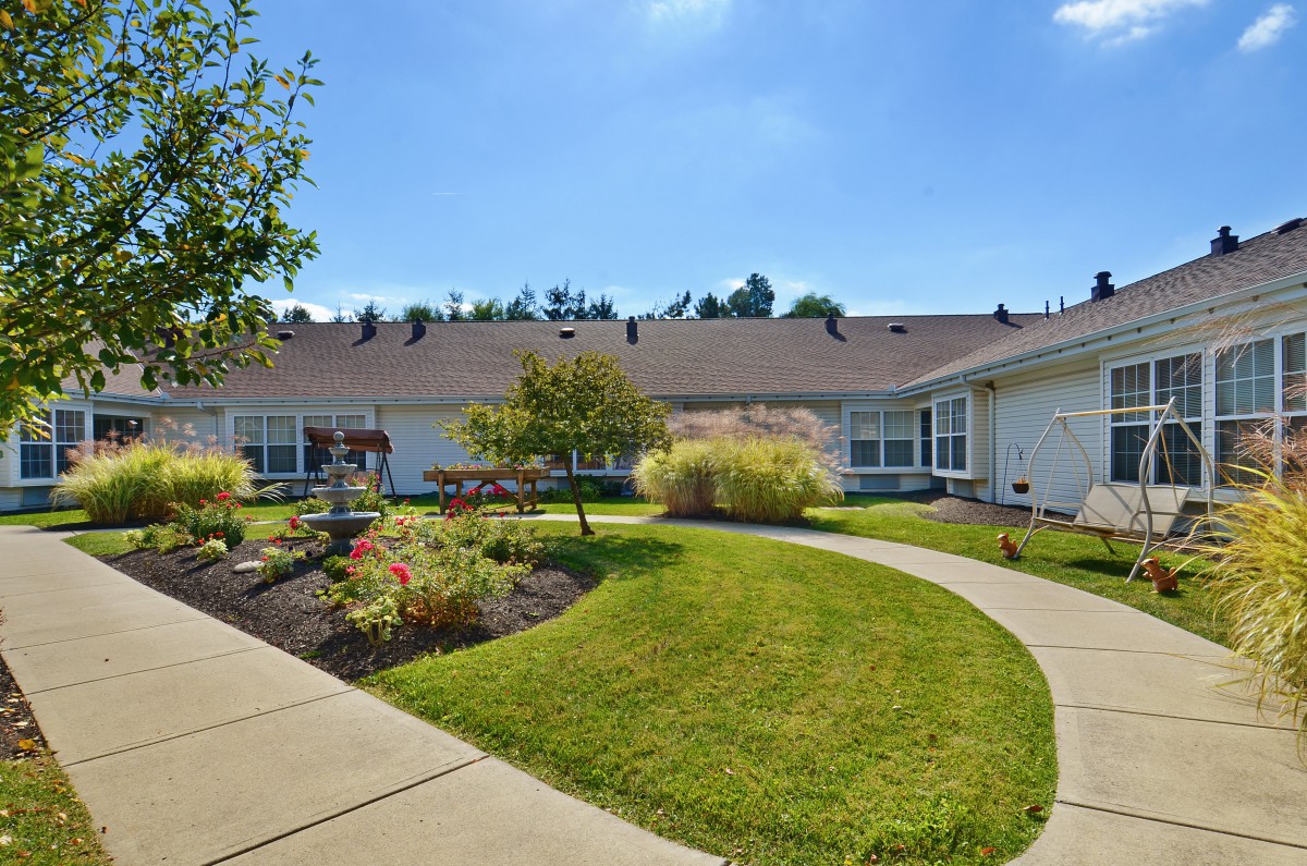 A well-maintained residential garden with a curved pathway and lush greenery on a sunny day.