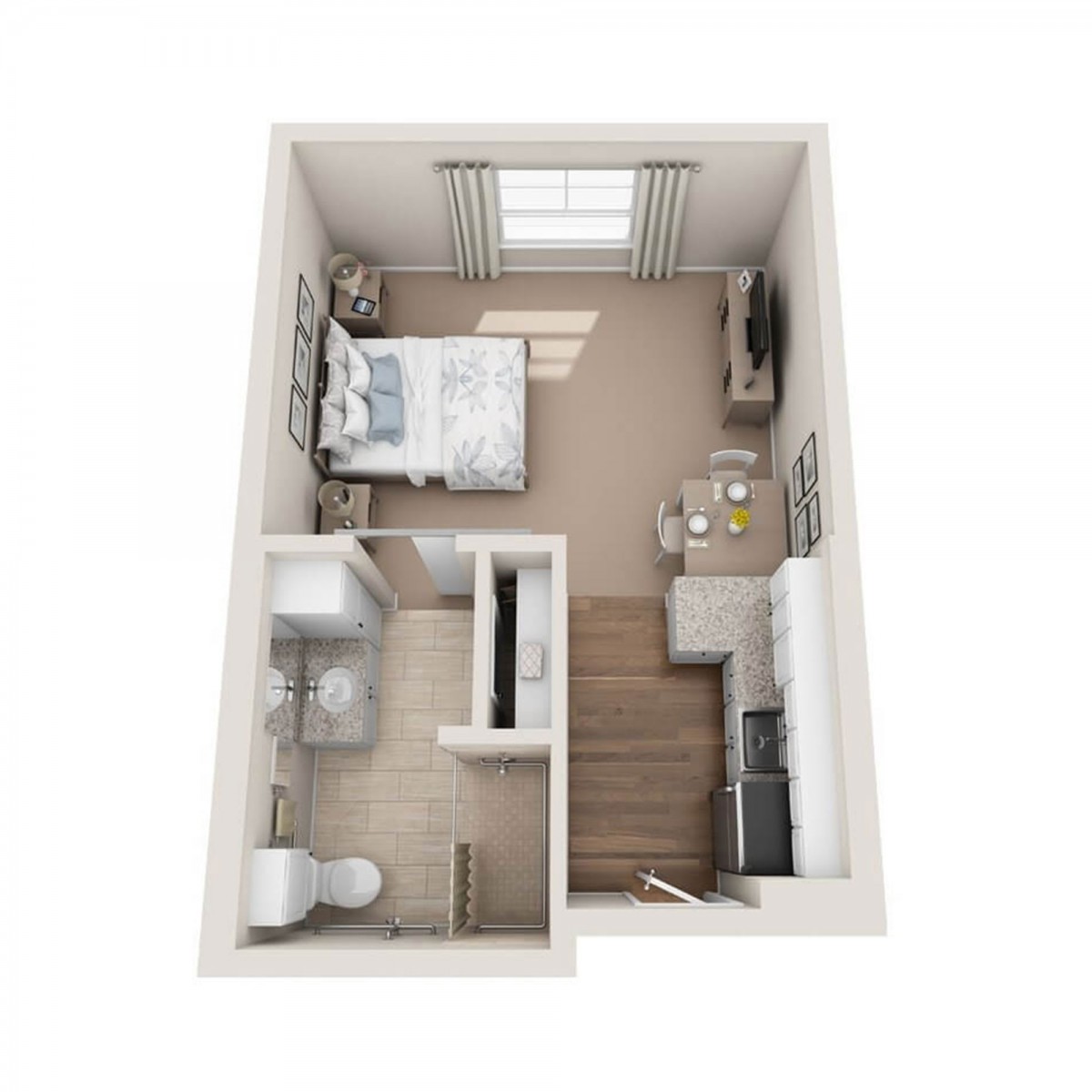 A 3D floor plan of a one-bedroom apartment featuring a bathroom, kitchen, and living area.