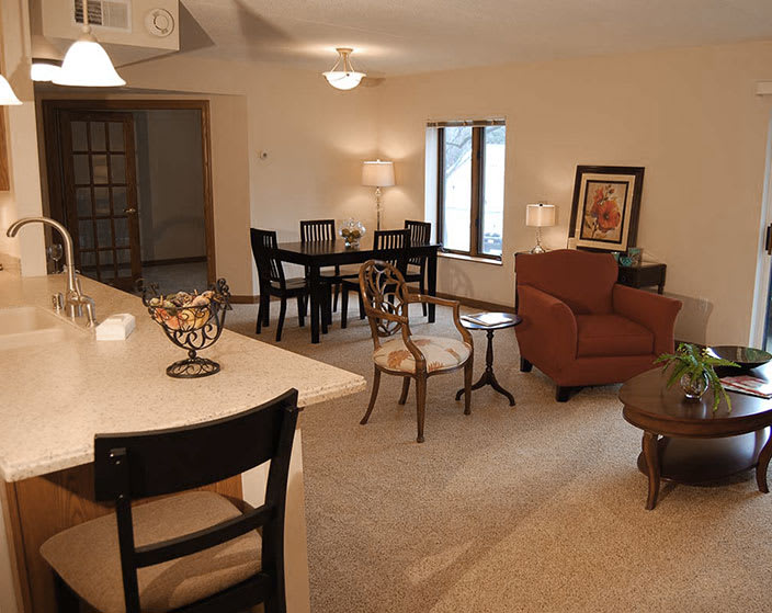 A cozy open-concept living and dining area with modern furniture.