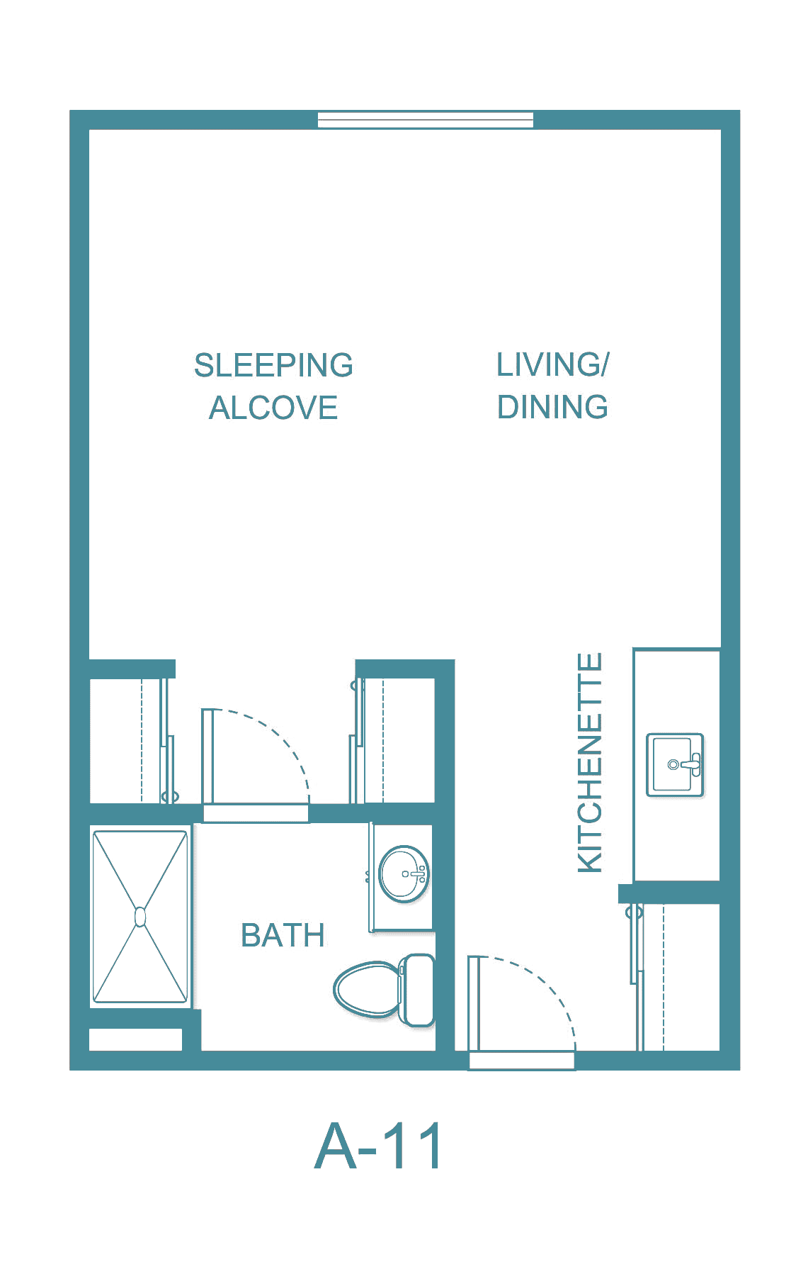 A floor plan of a studio apartment showing a sleeping alcove, living/dining area, kitchenette, and bathroom.