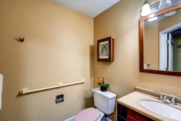 A small bathroom featuring a toilet, sink, and mirror with artwork on the wall and a potted plant on the toilet tank.