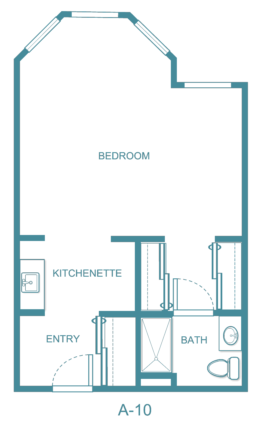 This image is a floor plan of an apartment with a bedroom, kitchenette, bathroom, and entry area.
