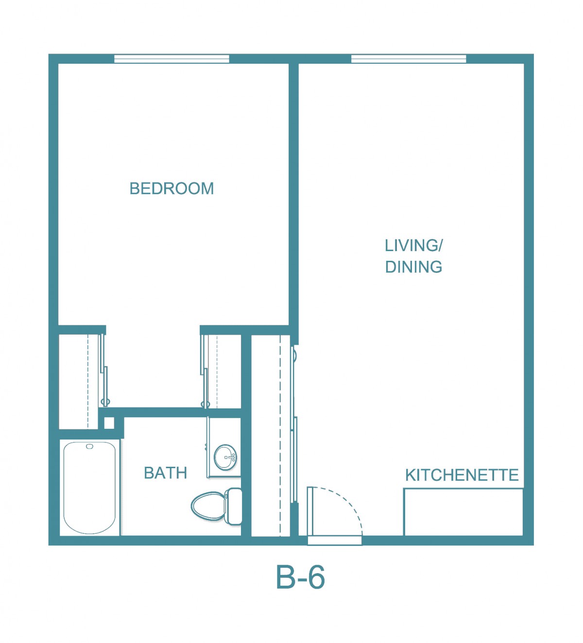 A simple floor plan of a one-bedroom apartment with a kitchenette and living area.