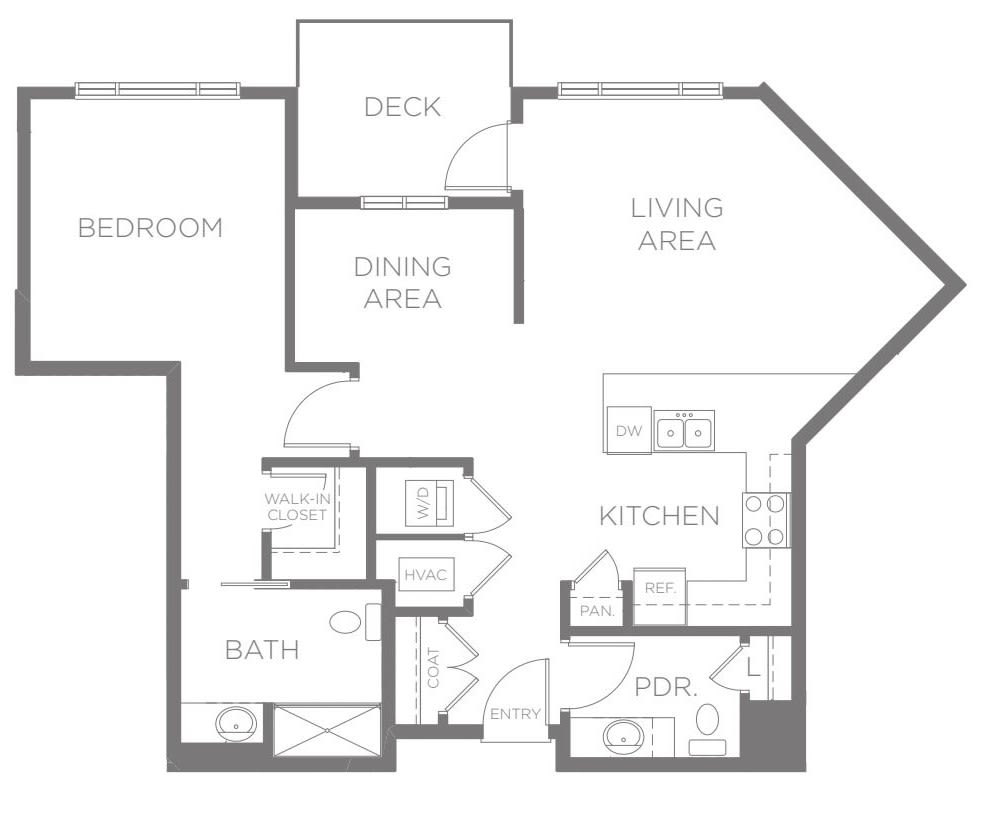 A floor plan of an apartment featuring a bedroom, living area, kitchen, bathroom, dining area, and a deck.