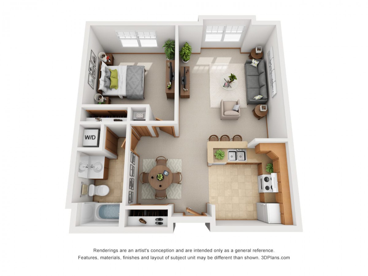 A 3D-rendered floor plan of a one-bedroom apartment featuring a kitchen, living room, bathroom, and dining area.