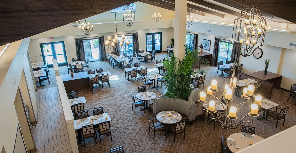 A spacious and elegantly decorated dining area featuring neatly arranged tables and chairs, with warm lighting and green plants enhancing the ambiance.