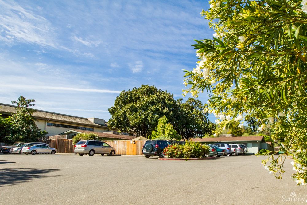 A parking lot with several cars parked near trees and a wooden fence under a clear blue sky.