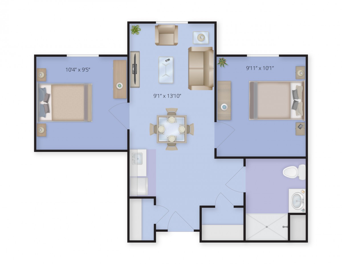 A floor plan illustrating the layout of a residential space with labeled rooms and furniture.