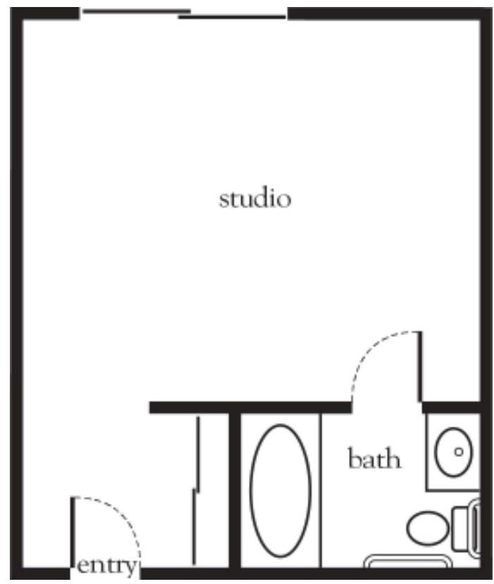 Floor plan of a studio apartment with bathroom.